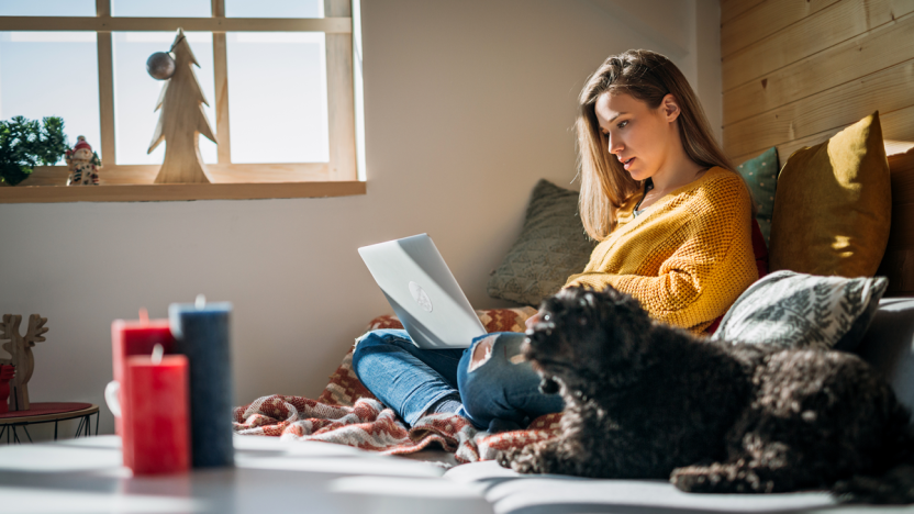 Student studying on couch with dog
