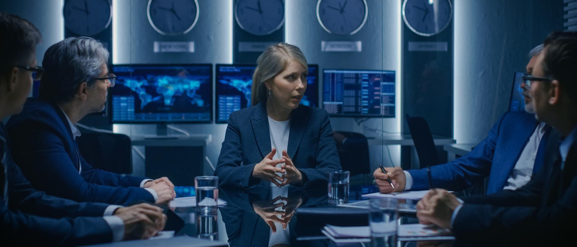 Woman wearing blazer sits at a glass table with men in suits. They are in serious discussion with many world clocks in the background and computer monitors showing maps.