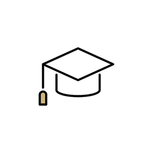 Simple icon image of a graduation cap with a black outline and CU gold tassle