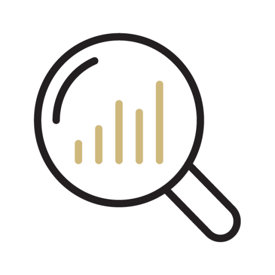 Icon of magnifying glass looking at a bar graph.
