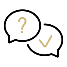 A simple icon of two overlapping thought bubbles with black outlines, and a gold question mark inside the upper thought bubble and a gold checkmark inside the lower thought bubble.